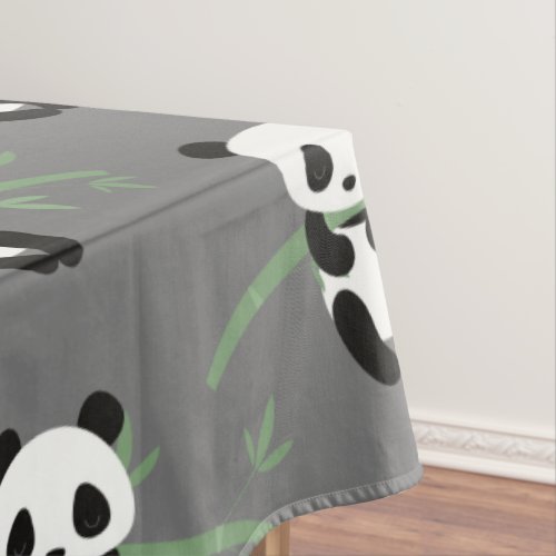 Cute Panda Bear Bamboo Pattern Gray Tablecloth
