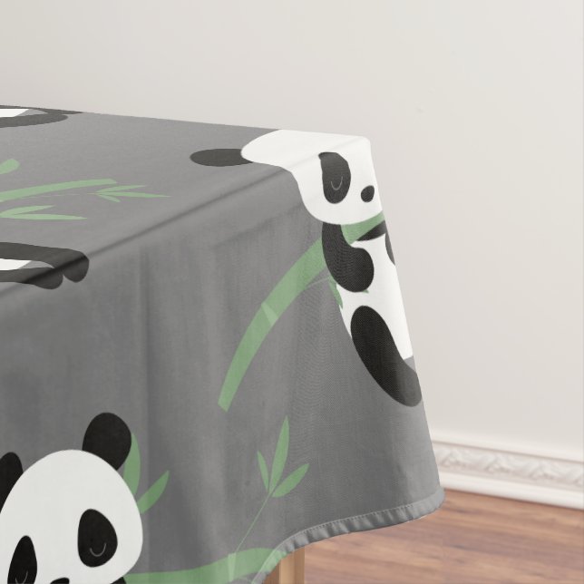 Cute Panda Bear Bamboo Pattern Gray Tablecloth (In Situ)