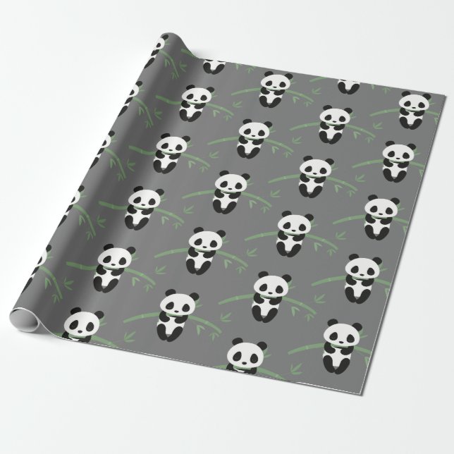 Cute Panda Bear Bamboo Pattern Gray Wrapping Paper (Unrolled)