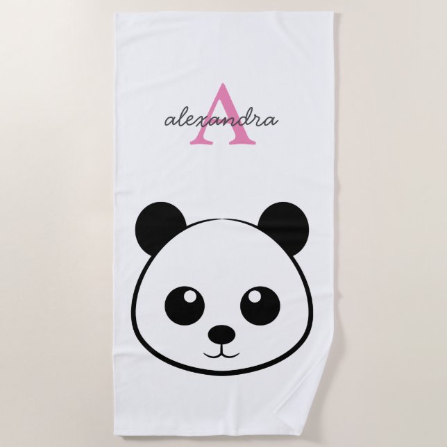 Cute Panda Bear Beach Towel, Personalized Monogram Beach Towel (Front)
