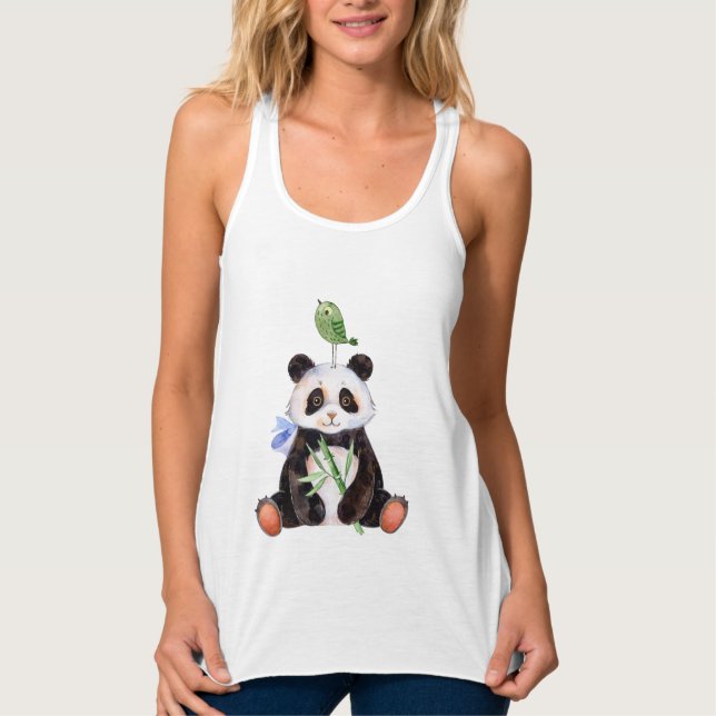 Cute Panda Bear & Bird Watercolor Tank Top (Front)