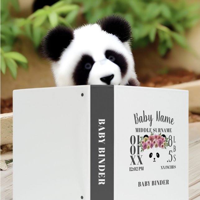 Cute Panda Bear Birth Stats Baby Girl Photo Album 3 Ring Binder (A cute black and white binder that you can add your new baby details to and fill with photos!)