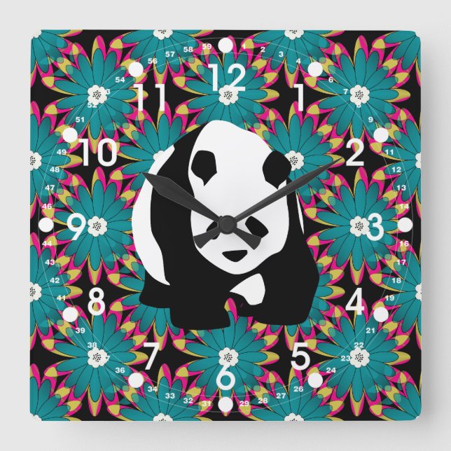 Cute Panda Bear Blue Pink Flowers Floral Pattern Square Wall Clock (Front)