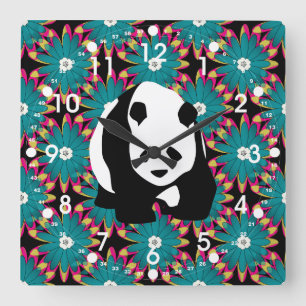 Cute Panda Bear Blue Pink Flowers Floral Pattern Square Wall Clock