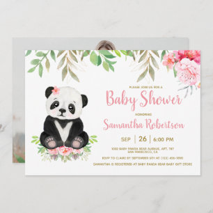 Cute Panda Bear Blush Pink Floral Baby Shower Invitation