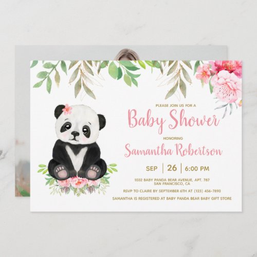 Cute Panda Bear Blush Pink Floral Baby Shower Invitation