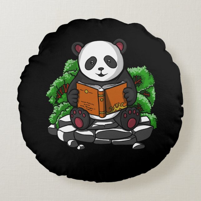 Cute Panda Bear Book Reading Lover Animal Round Pillow (Front)