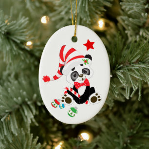 Cute Panda Bear Candy Cane Christmas Ceramic Ornament