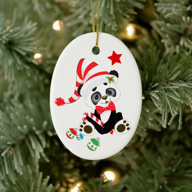 Cute Panda Bear Candy Cane Christmas Ceramic Ornament (Tree)