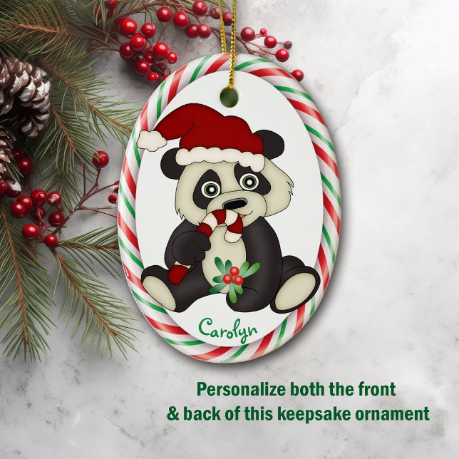 Cute Panda Bear Candy Cane Frame Ceramic Ornament (Creator Uploaded)