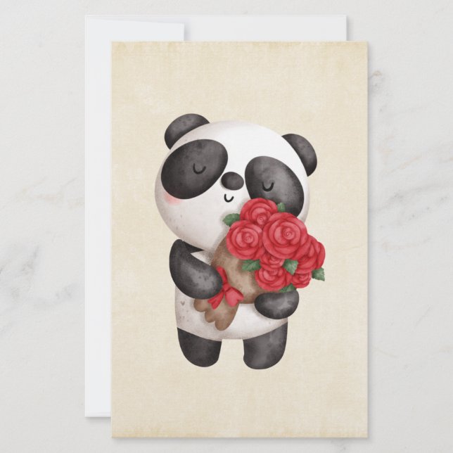 Cute Panda Bear Carrying Bouquet of Roses (Front)