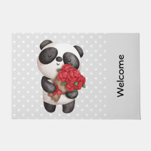 Cute Panda Bear Carrying Bouquet of Roses Doormat