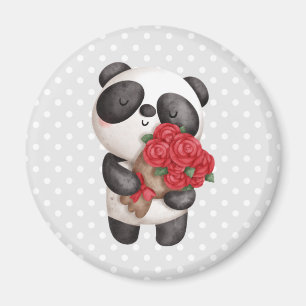 Cute Panda Bear Carrying Bouquet of Roses Magnet