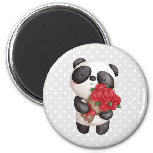 Cute Panda Bear Carrying Bouquet of Roses Magnet