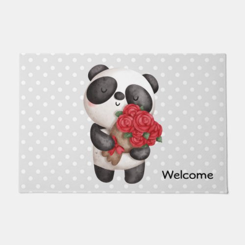 Cute Panda Bear Carrying Bouquet of Roses Welcome Doormat