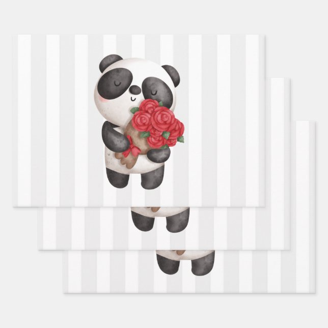 Cute Panda Bear Carrying Bouquet of Roses Wrapping Paper Sheets (Set)