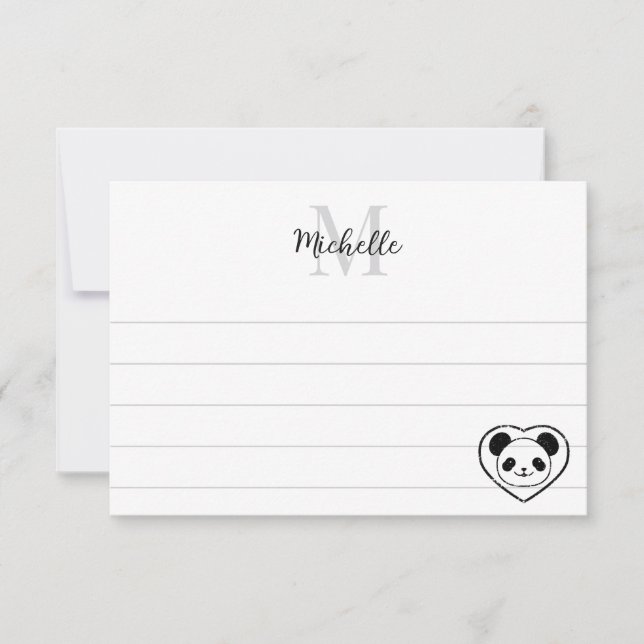 Cute Panda Bear Cartoon  Custom Lined Monogram Note Card (Front)