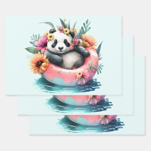 Cute Panda Bear Chilling in an Inner Tube Wrapping Paper Sheets