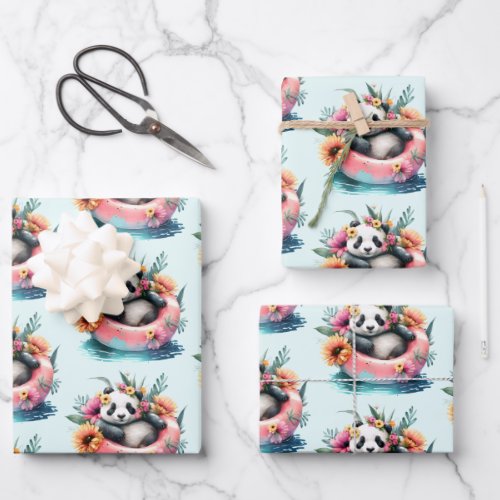 Cute Panda Bear Chilling in an Inner Tube Wrapping Paper Sheets
