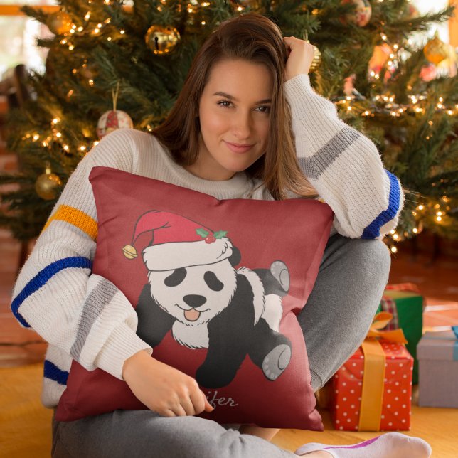 Cute Panda Bear Christmas Custom Kids Red Throw Pillow (Creator Uploaded)