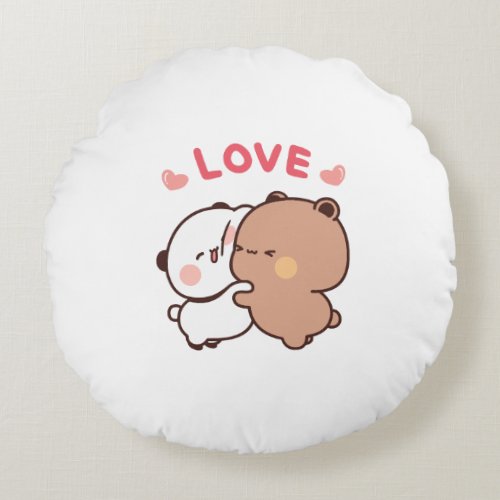 Cute Panda bear couple bubu and dudu hugs love Round Pillow