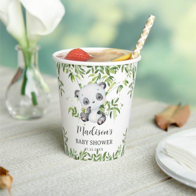 Cute Panda Bear Cub Bamboo Greenery Baby Shower Paper Cups (Insitu)