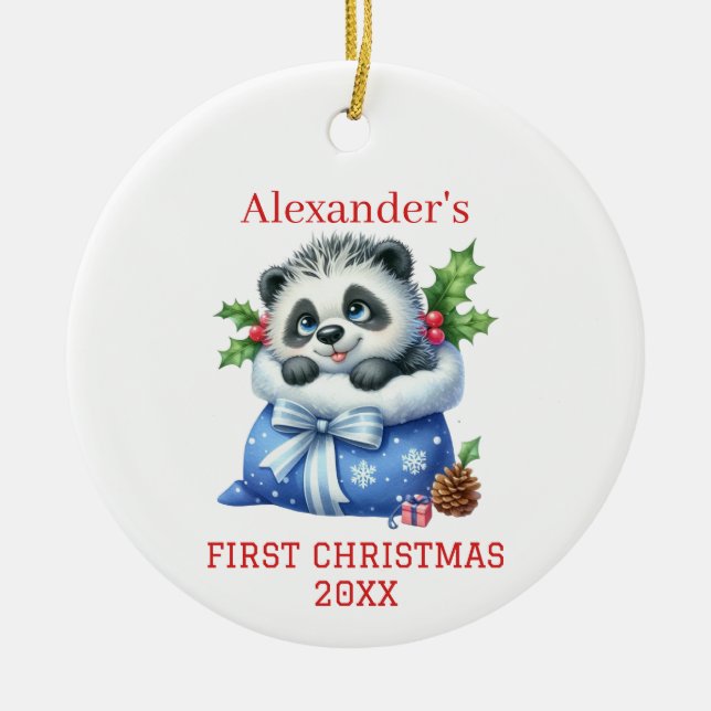 Cute Panda Bear Cub Christmas Ceramic Ornament (Front)