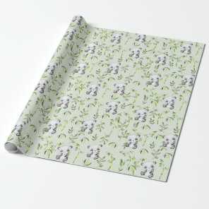 Cute Panda Bear Cub Green Bamboo Greenery Wrapping Paper