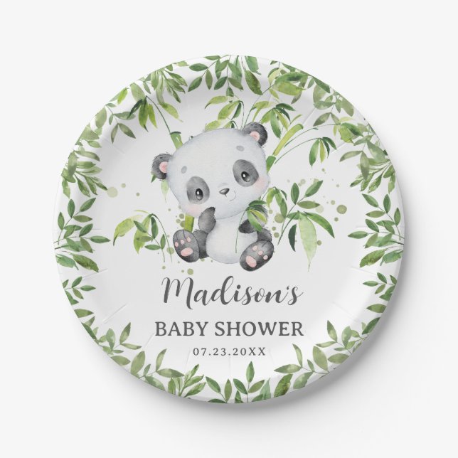 Cute Panda Bear Cub Greenery Baby Shower Birthday Paper Plates (Front)