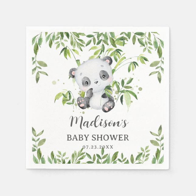 Cute Panda Bear Cub Greenery Baby Shower Serviette Napkins (Front)