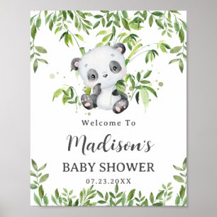 Cute Panda Bear Cub Greenery Baby Shower Welcome Poster