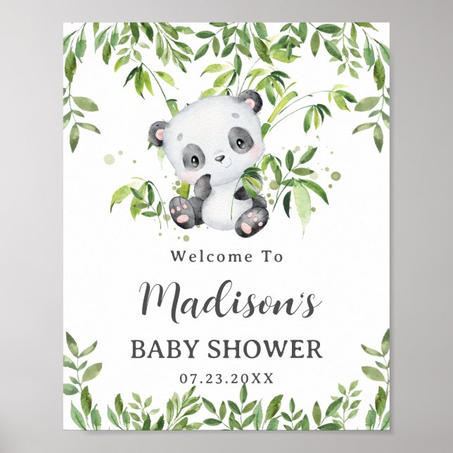 Cute Panda Bear Cub Greenery Baby Shower Welcome Poster (Front)
