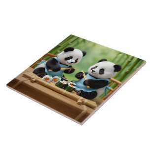 Cute Panda Bear Cubs Preparing Sushi Ceramic Tile