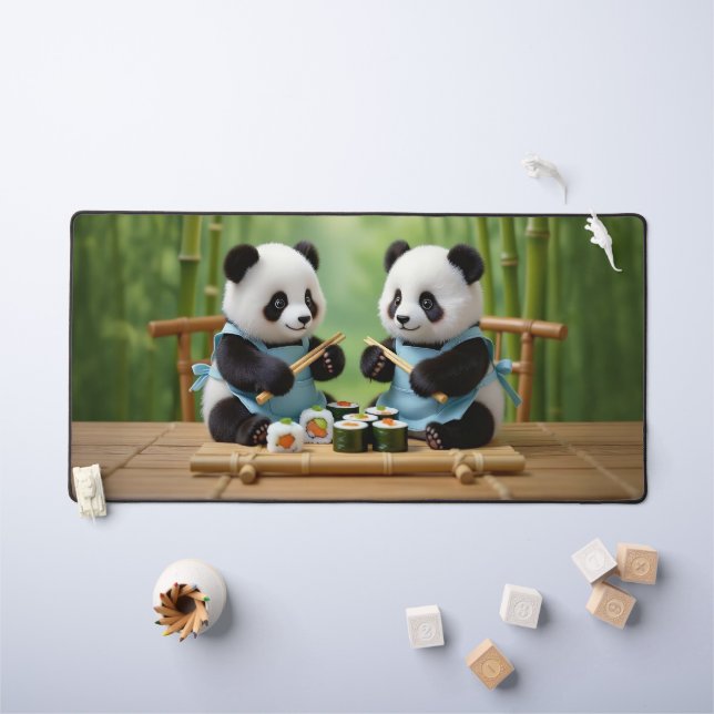 Cute Panda Bear Cubs Preparing Sushi Desk Mat (Kids Table)
