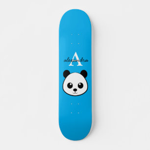 Cute Panda Bear Custom Monogram Blue Background Skateboard