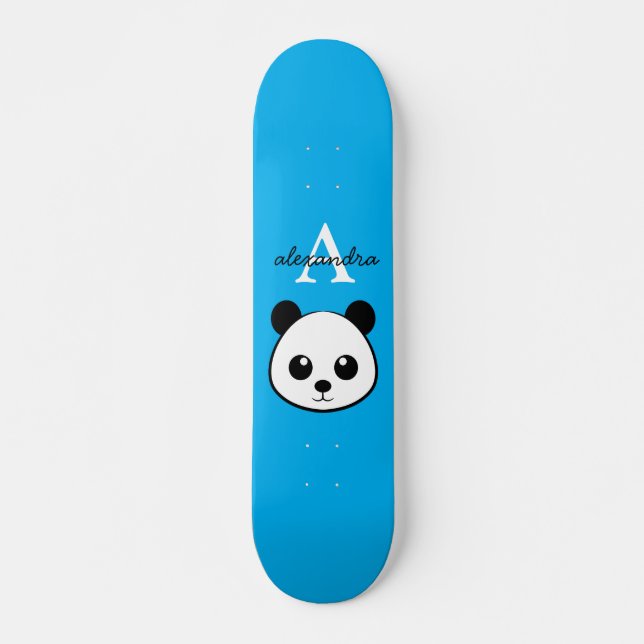 Cute Panda Bear Custom Monogram Blue Background Skateboard (Front)