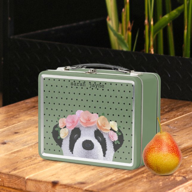 Cute Panda Bear Custom Name Girl's Metal Lunch Box (A cute panda bear with flowers in her hair. Just add your name to this retro metal lunch box)