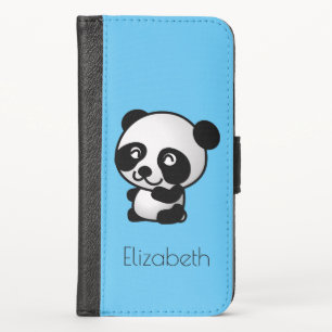 Cute Panda Bear Drawing in Black & White on Blue iPhone X Wallet Case