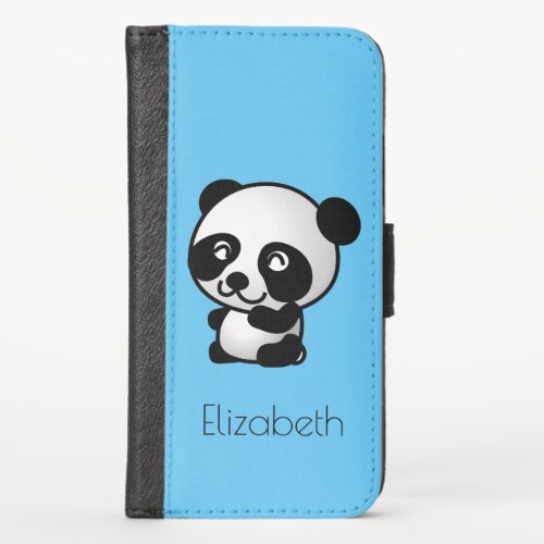 Cute Panda Bear Drawing in Black  White on Blue iPhone X Wallet Case