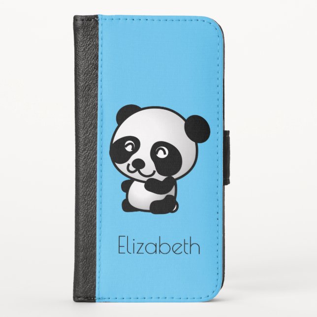 Cute Panda Bear Drawing in Black & White on Blue iPhone Wallet Case (Front)
