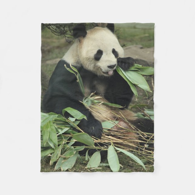 Cute Panda Bear Eating Leaves Fleece Blanket (Front)
