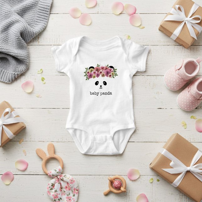 Cute Panda Bear Face Floral Crown Baby Bodysuit (A pretty panda bear with flowers in her hair. Just add your baby's name)