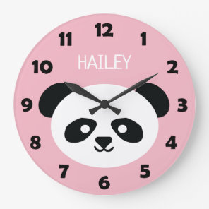 Cute Panda Bear Face Kids Kawaii Personalized Pink Large Clock