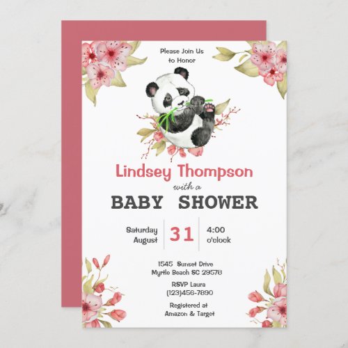 Cute Panda Bear Floral Girls Baby Shower  Invitation