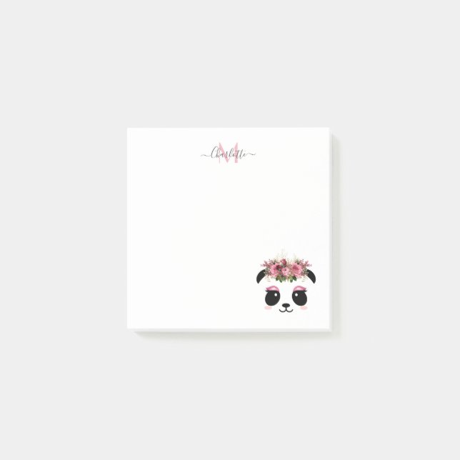 Cute panda bear floral personalized monogram post-it notes (Front)