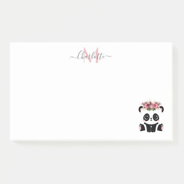 Cute panda bear floral personalized monogram  post-it notes (Front)