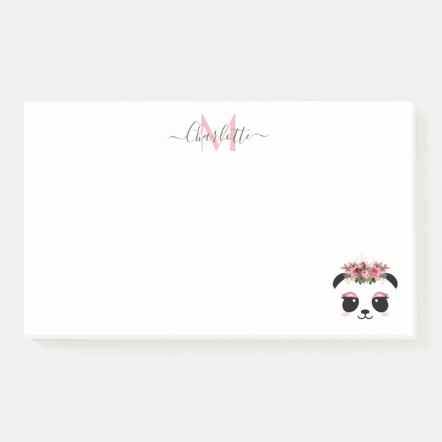Cute panda bear floral personalized monogram  post-it notes (Front)