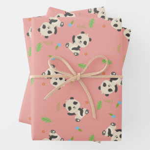 Cute panda bear floral pink pattern wrapping paper sheets
