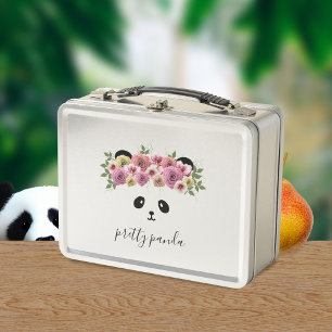 Cute Panda Bear Girl Floral Metal Lunch Box