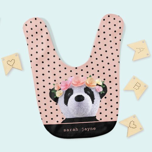 Cute Panda Bear Girl Polka Dot Pink Baby Bib